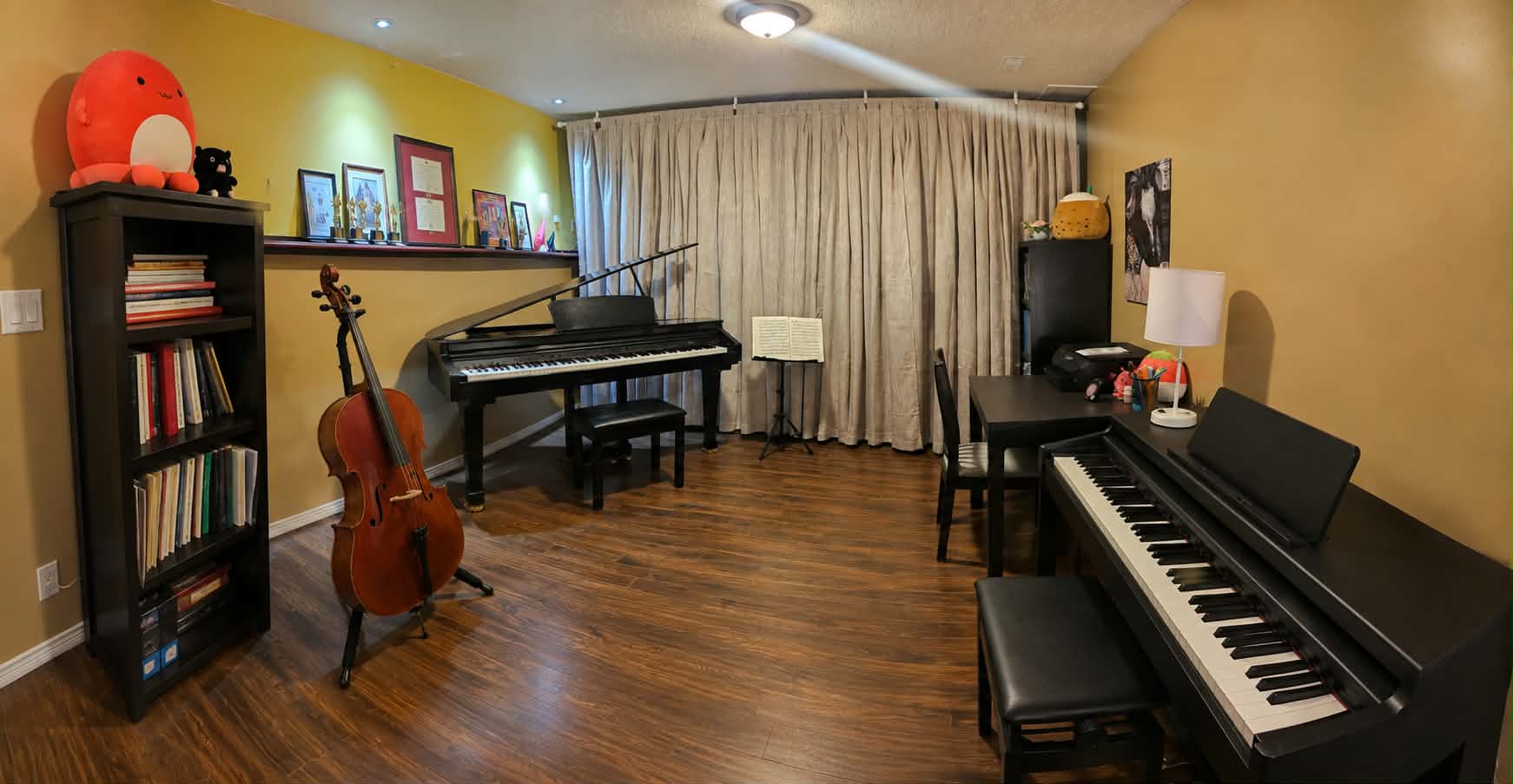 Rachelle Moore Legato studio pianos, cello music room